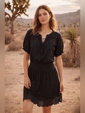 Lucky Brand Black Embroidered Lace Boho Peasant Dress Small Festival